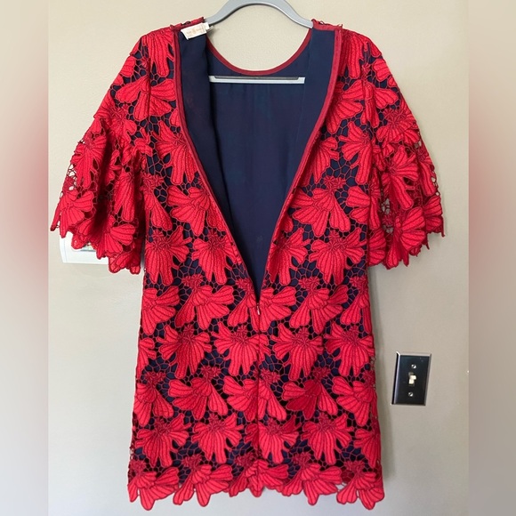 TORY BURCH •RARE• Nicola Guipure Lace Dress In Volcano Red & Navy Blue Size 6 - Picture 10 of 13